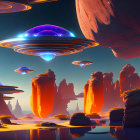 Alien landscape with towering rock formations and large rings in the sky