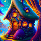 Colorful Treehouse Illustration with Glowing Windows at Twilight