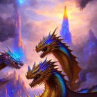 Majestic dragons near crystalline spires at twilight