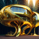Golden futuristic building with tree-like structures in forest