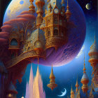 Ornate golden buildings in fantastical floating city at night