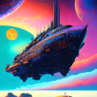 Futuristic sci-fi scene with floating cities and spacecraft