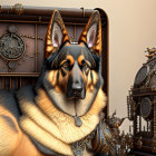 Steampunk-inspired German Shepherd with mechanical gears.