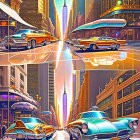 Futuristic cityscape with classic cars and flying vehicles at sunset