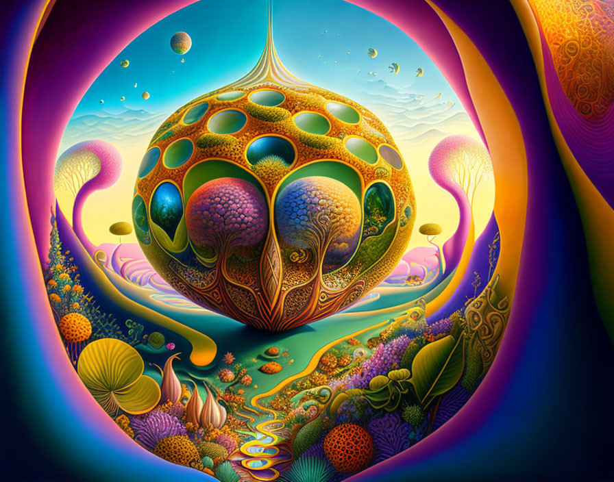 Colorful surreal landscape with organic floating structure and peacock-like patterns