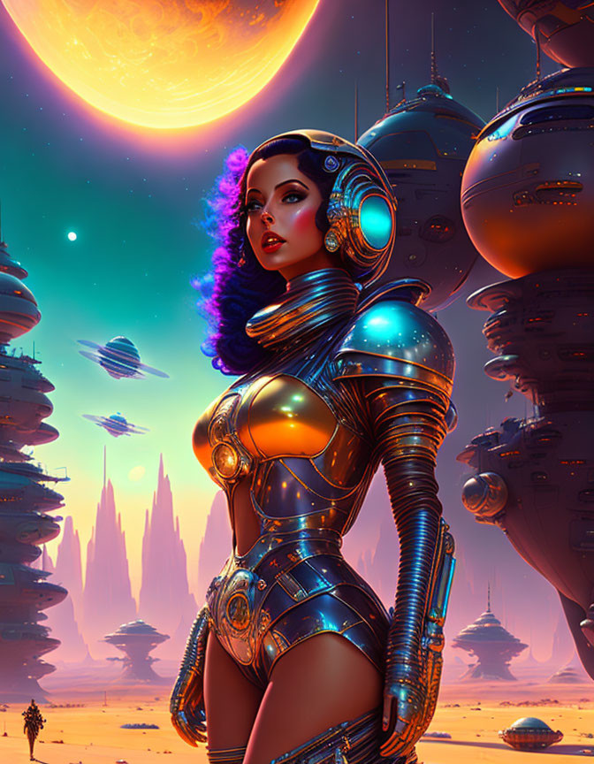 Futuristic female android in intricate armor against alien cityscape.