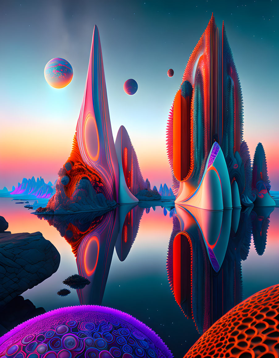 Surreal alien landscape with reflective water and colorful sky