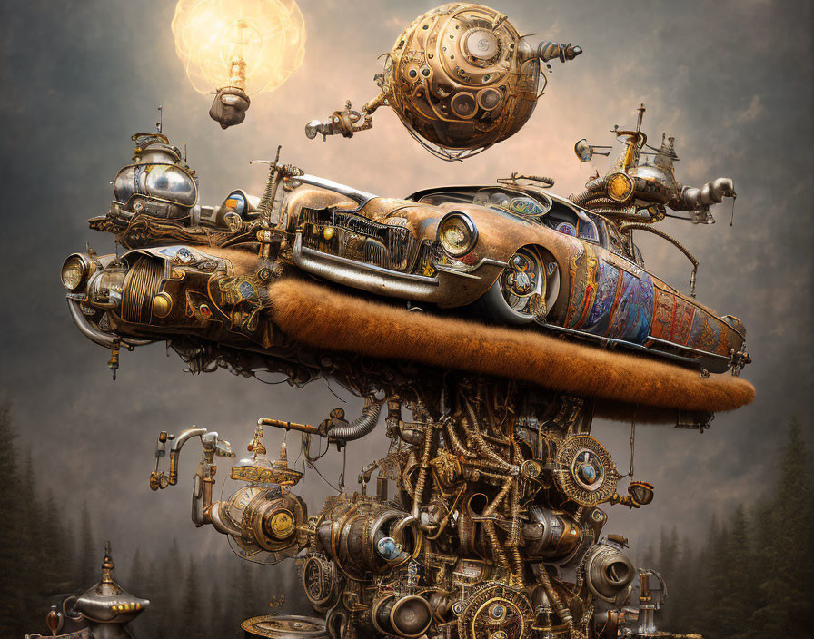 Steampunk-inspired machine with vintage car elements in misty forest