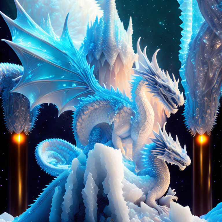 Majestic ice dragons with crystalline scales and expansive wings illuminated by soft golden lights