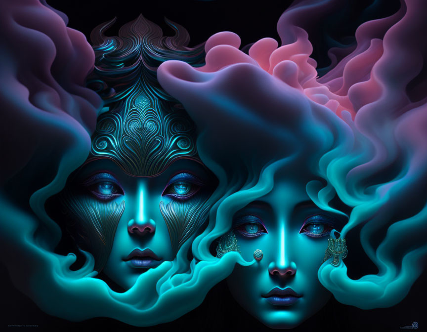 Ethereal Faces in Swirling Teal and Purple Clouds