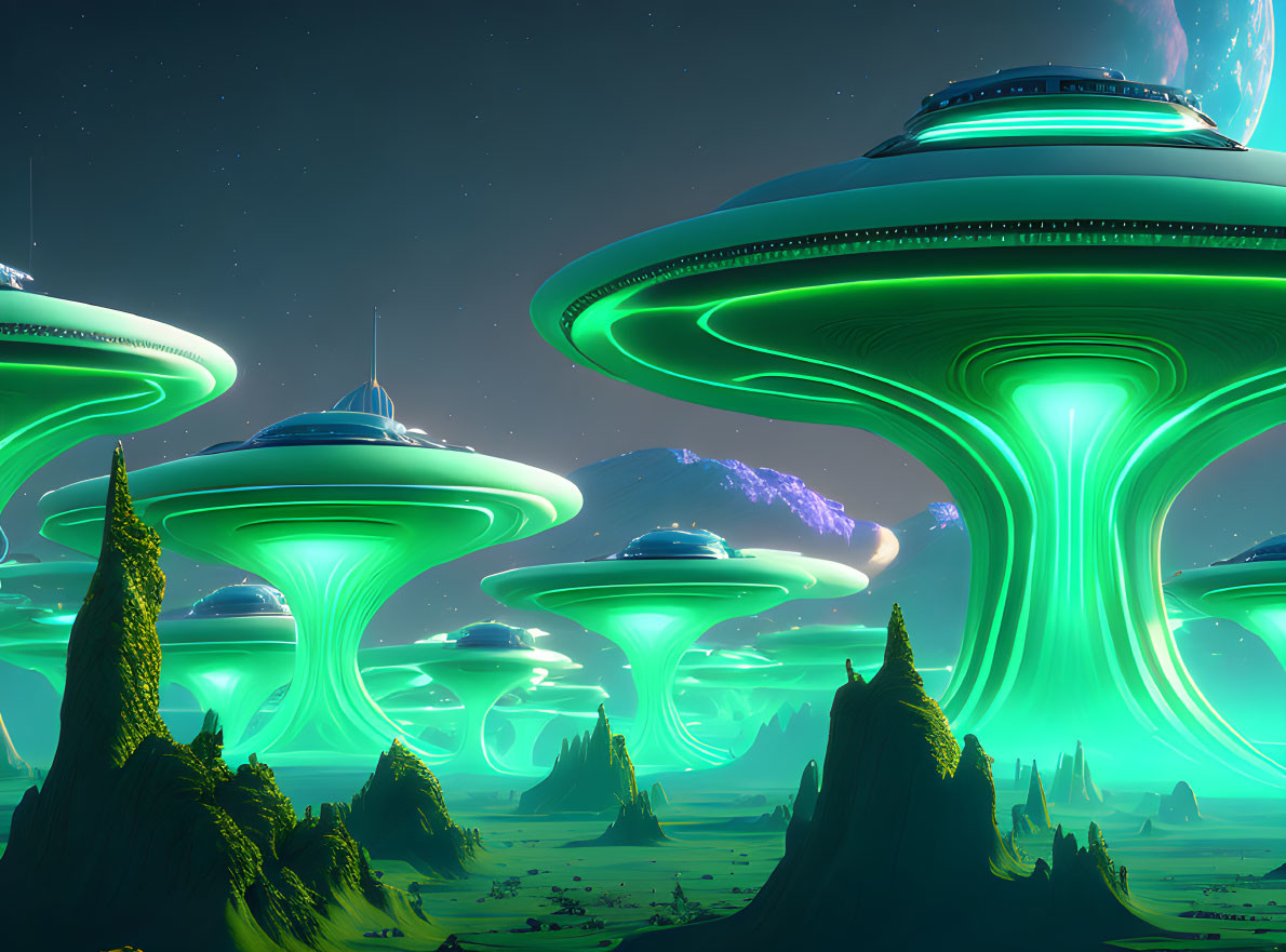 Futuristic Landscape with UFOs and Alien Mountains