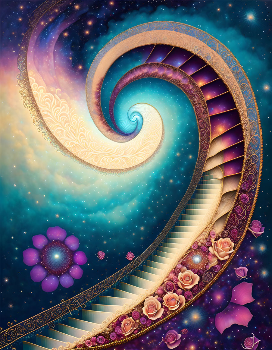 Surreal spiraling staircase with ornate patterns, ascending into starry sky with flowers and petals