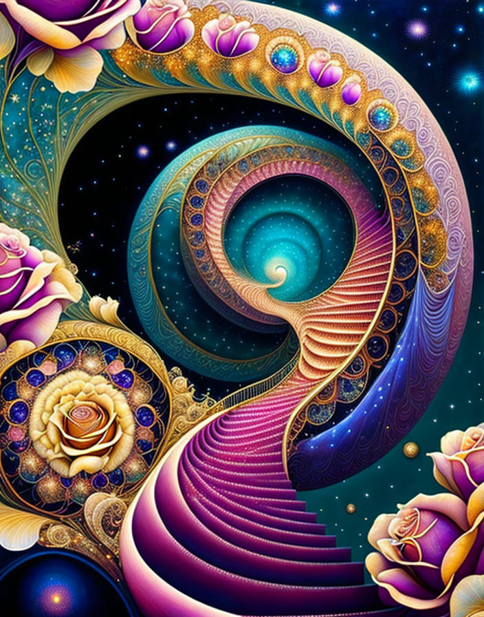 Spiral Staircase in a Cosmic Landscape with Roses