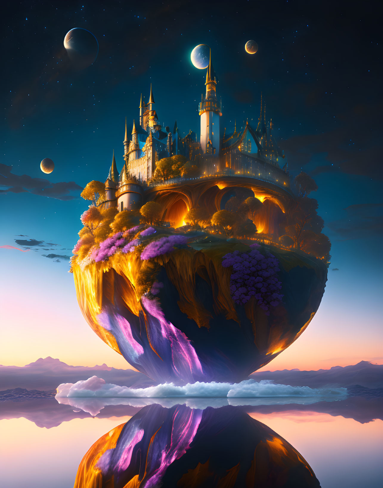 Majestic castle on fantastical floating island among planets in twilight sky