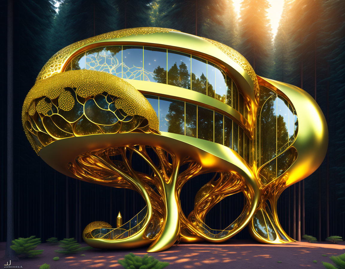 Golden futuristic building with tree-like structures in forest
