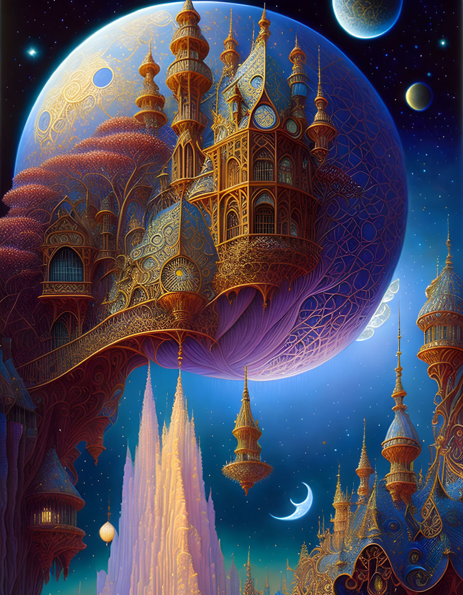 Intricate fantasy castle with ornate spires on purple planet under starry sky