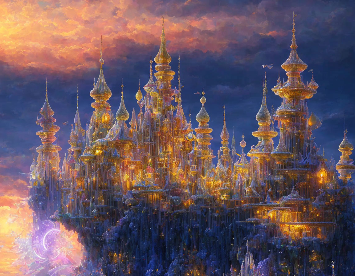 Golden city with ornate spires in vibrant sunset sky