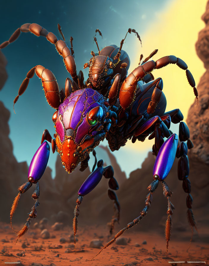 Vividly Colored Robotic Insect in Desert Landscape