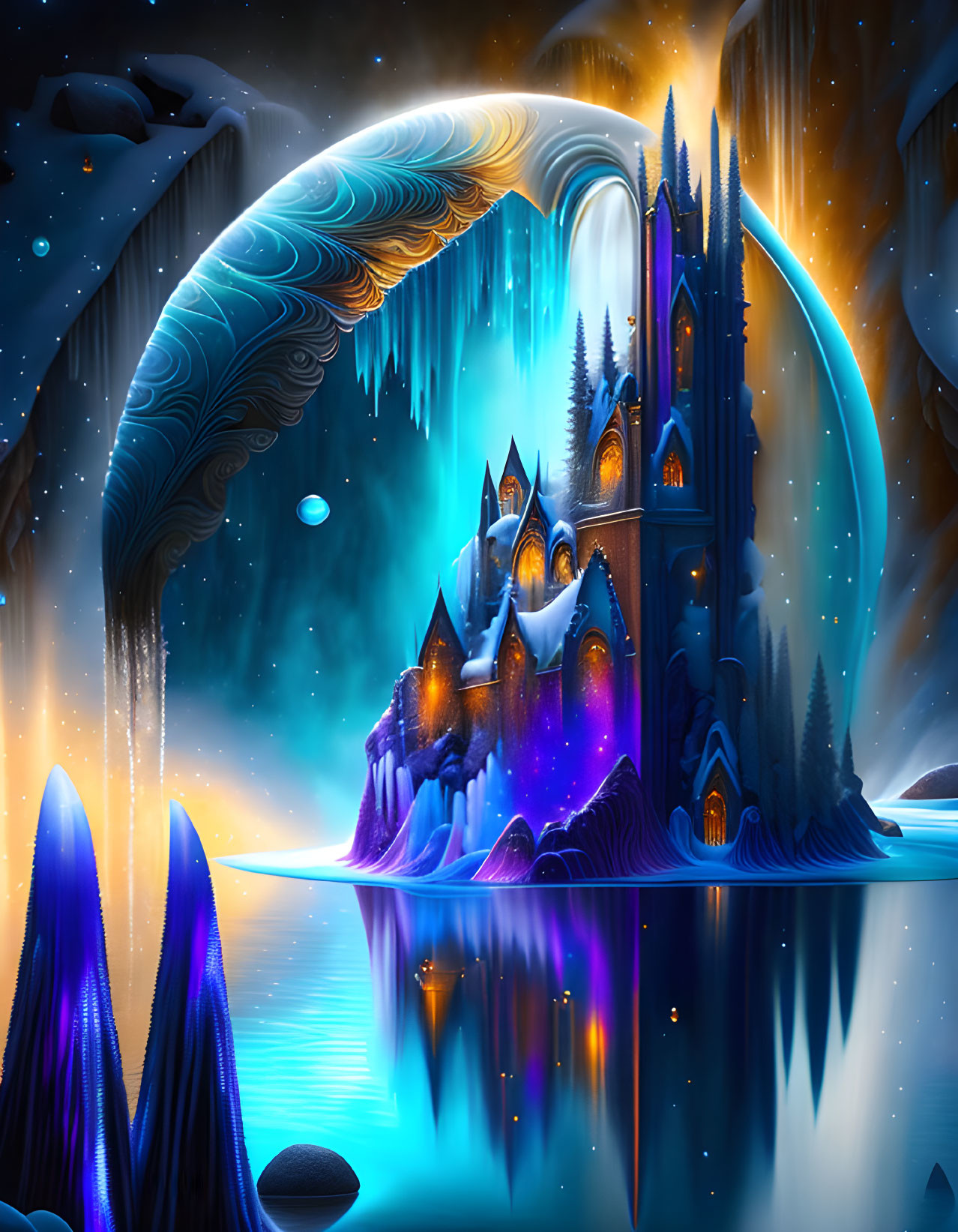 Ice Castle Reflected in Lake with Cosmic Sky