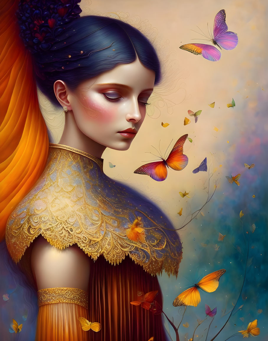 Whimsical woman with blue hair in ornate gold attire surrounded by colorful butterflies