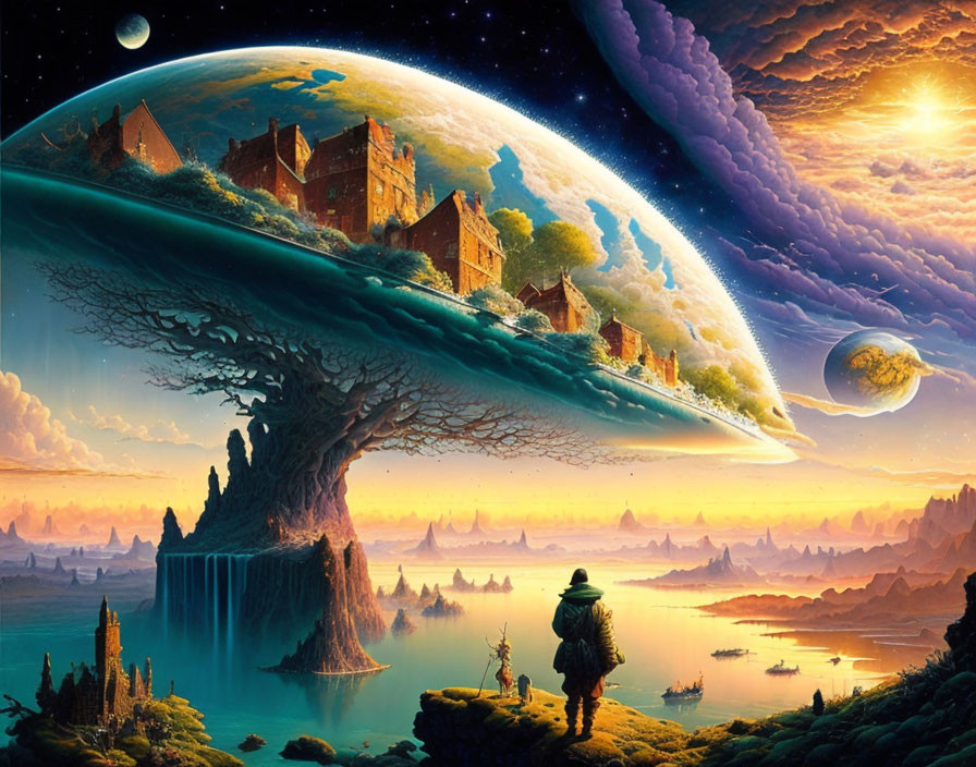 Fantasy landscape: colossal tree, floating island, castles, planets, nebulous skies