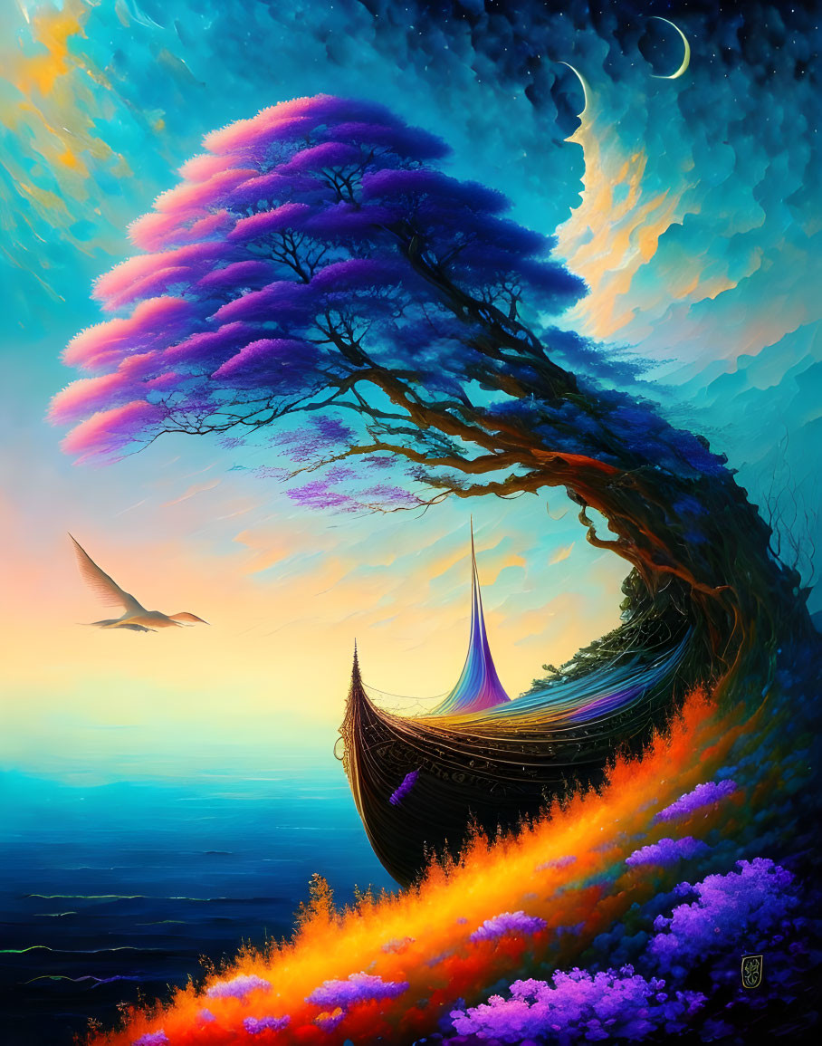 Digital artwork: Twisted tree, old boat, purple foliage, blue sky, crescent moon,