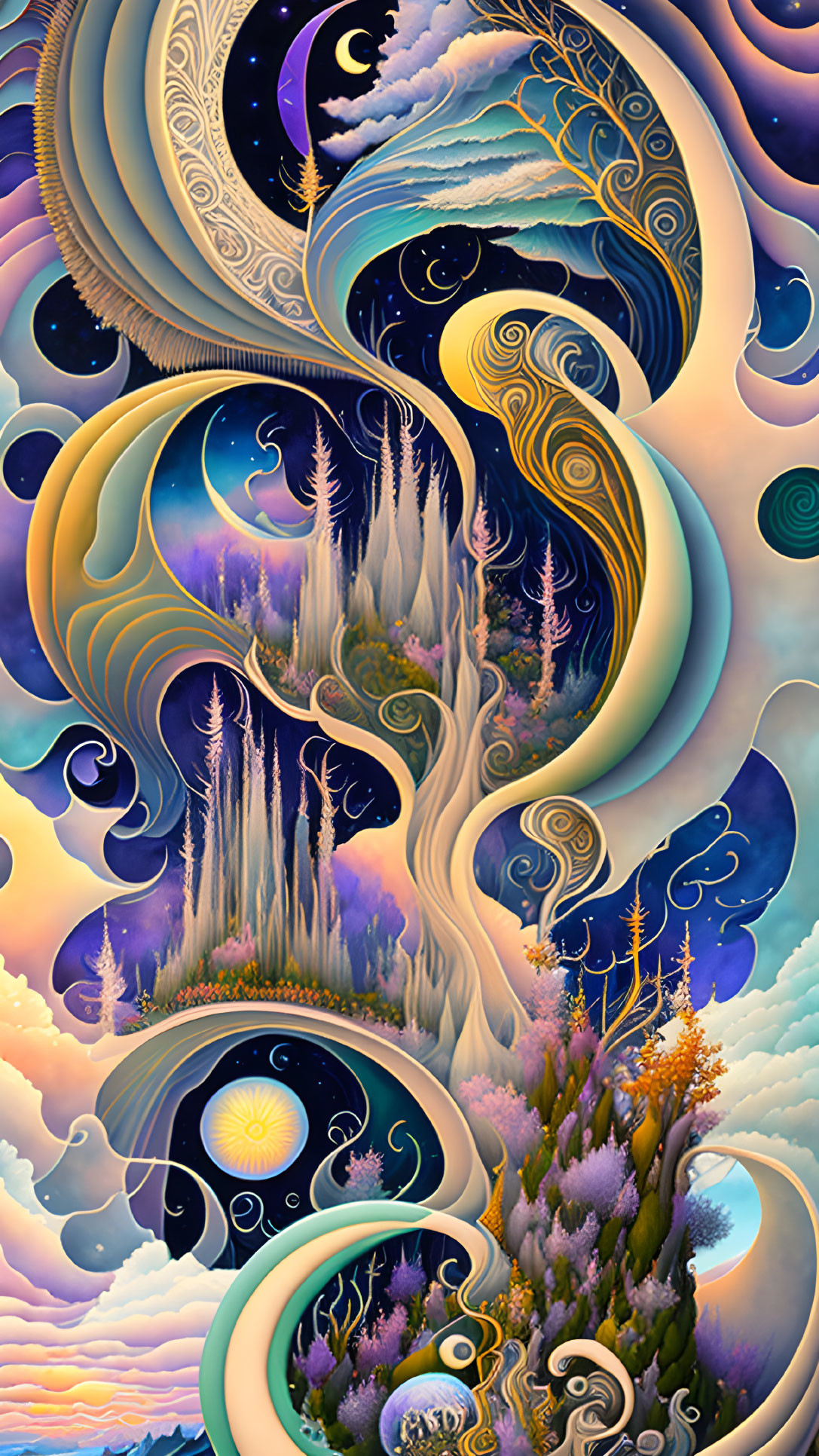 Surreal nature and cosmic artwork with moons, stars, trees, and waves