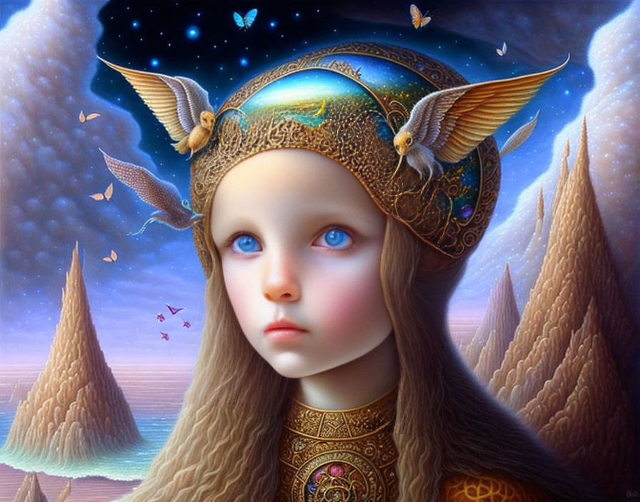 Surreal portrait of girl with large blue eyes in ornate helmet