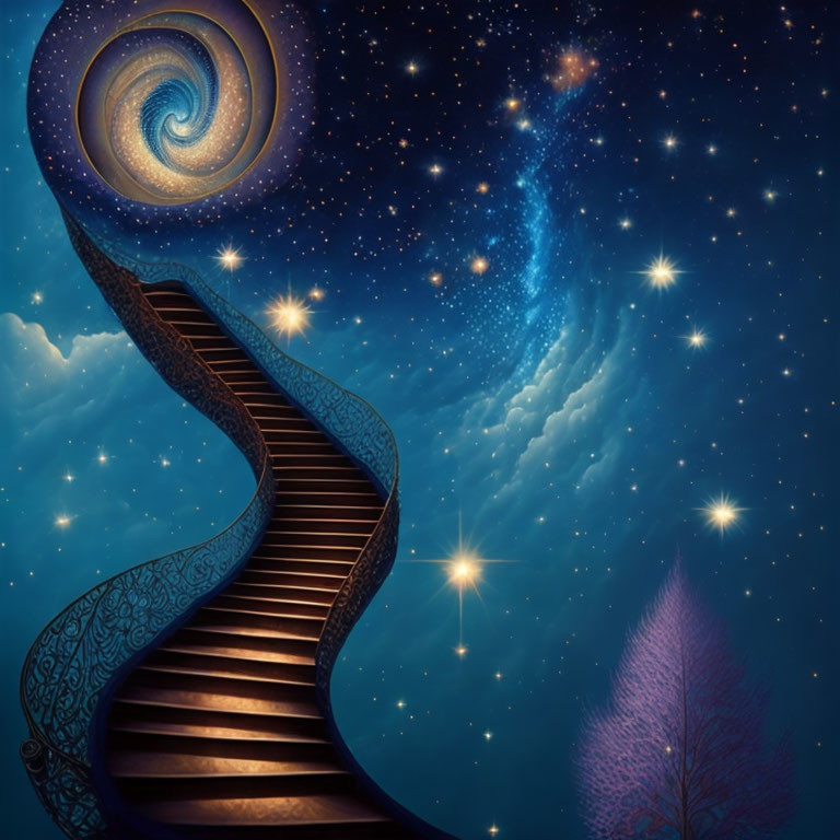 Fantasy illustration of spiral staircase, galaxy, stars, purple tree, night sky