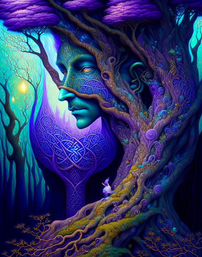 Colorful human face and tree merge in intricate design with tiny figure and glowing orb in purple and blue