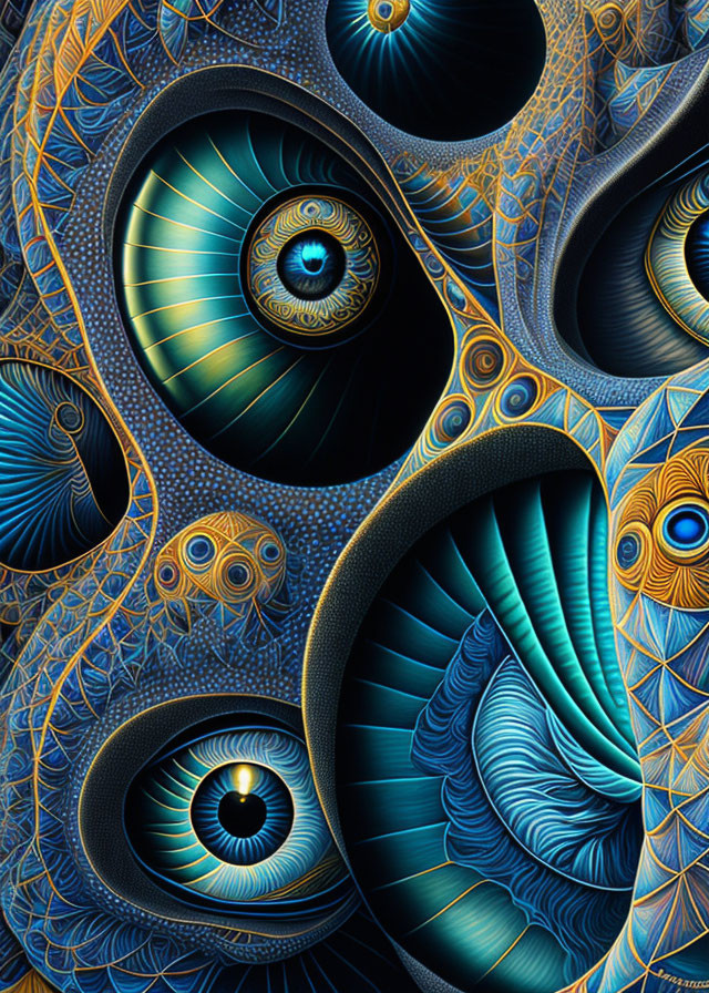 Intricate Psychedelic Artwork with Eye-like Designs in Blue, Gold, and Black