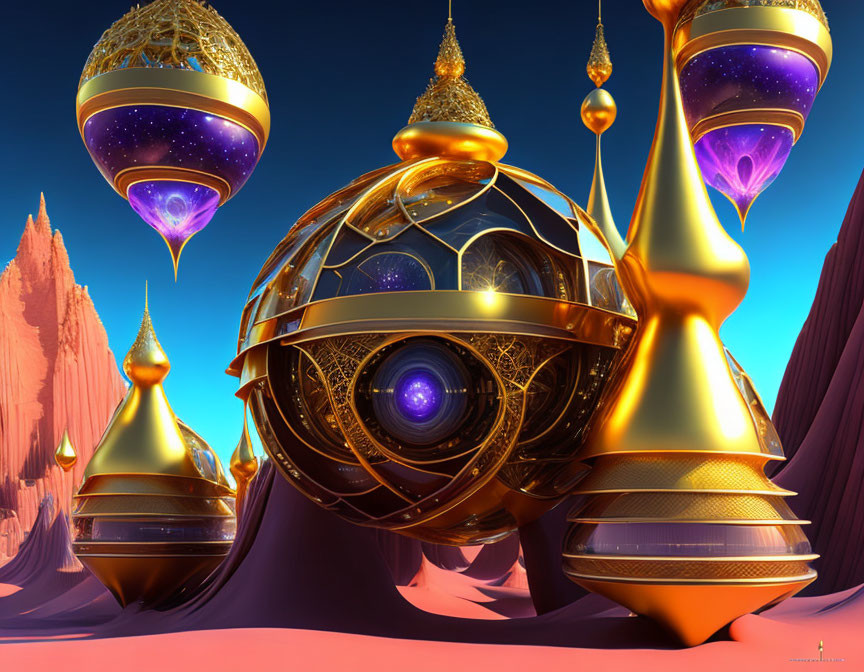 Surreal landscape: golden structures, floating spheres, purple sky, rocky terrain