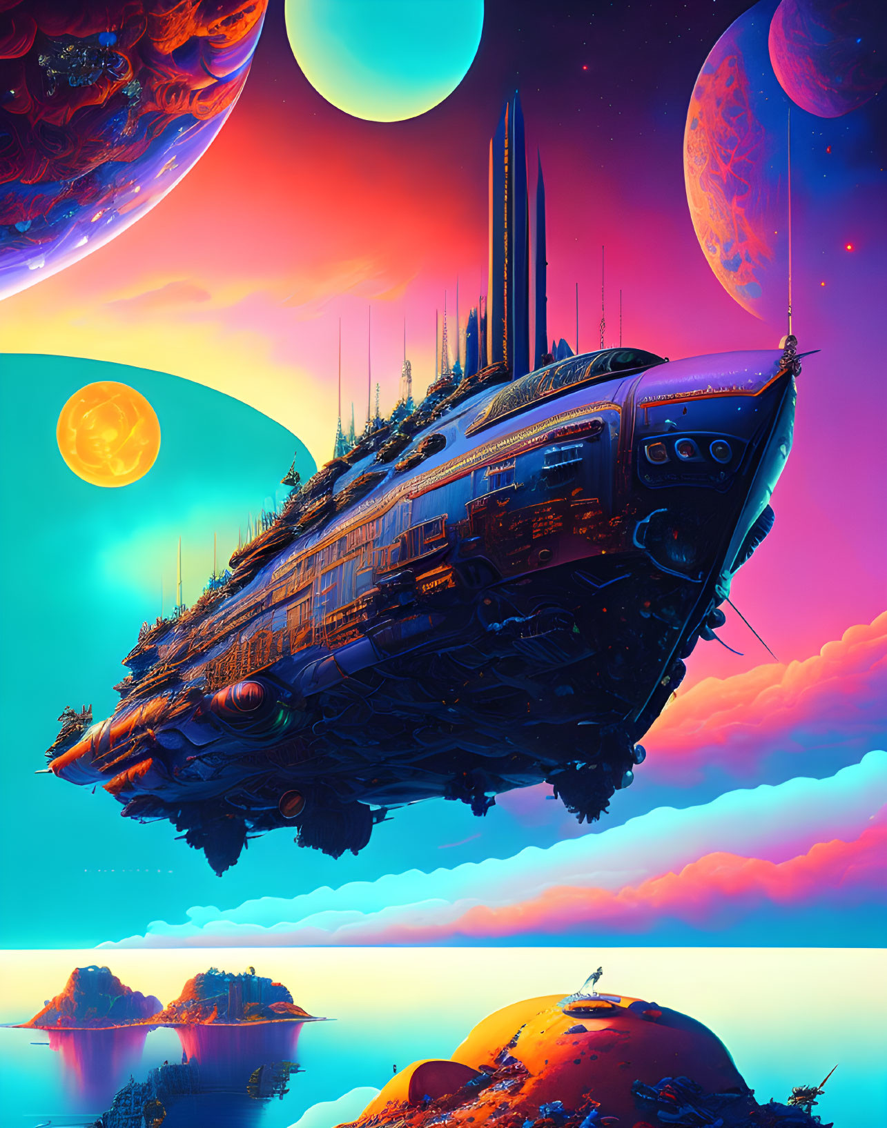 Futuristic Spaceship Over Colorful Alien Landscapes