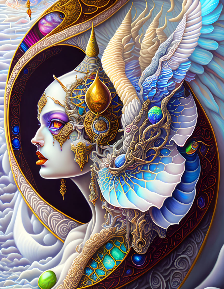 Elaborate white and gold headgear with stylized creature and vibrant details