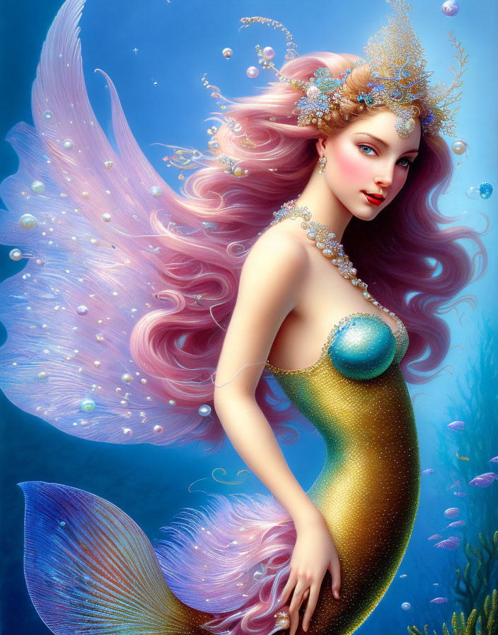 Fantastical mermaid with pink hair and golden headpiece on blue background