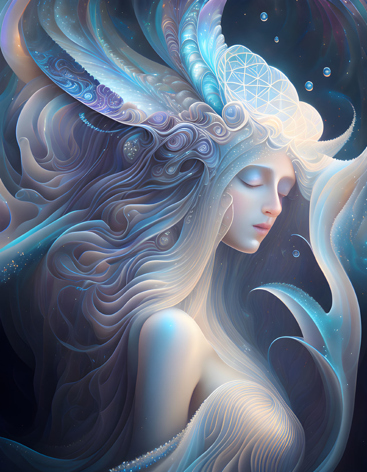 Ethereal Figure in Soft Blues and Abstract Patterns