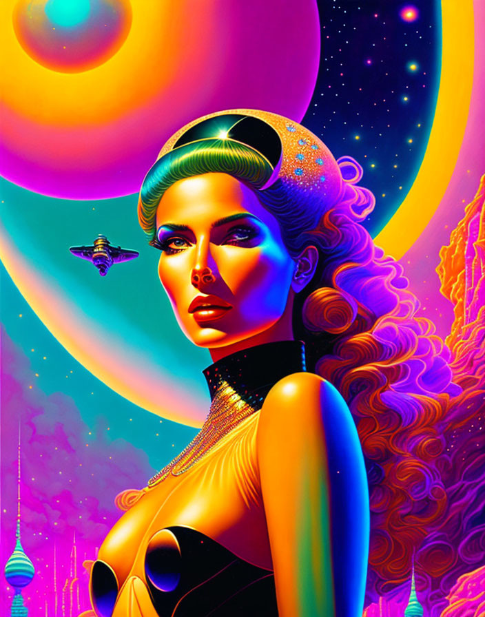 Colorful Retro-Futuristic Artwork of Woman with Halo in Cosmic Landscape