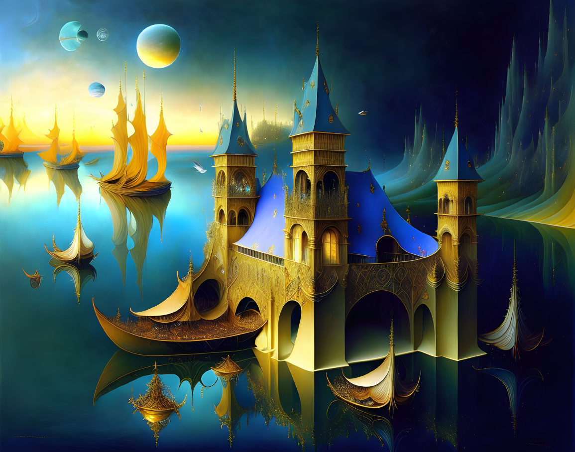 Fantasy castle with spires and arches on dreamy island with surreal blue tones.