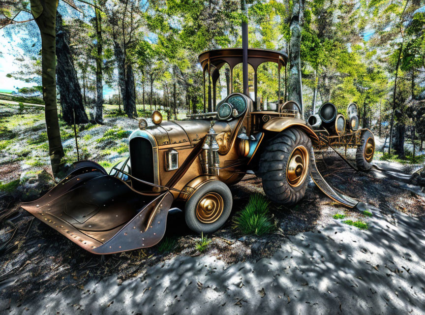 Steampunk-inspired vehicle with retro-futuristic wheels and brass details in forest clearing