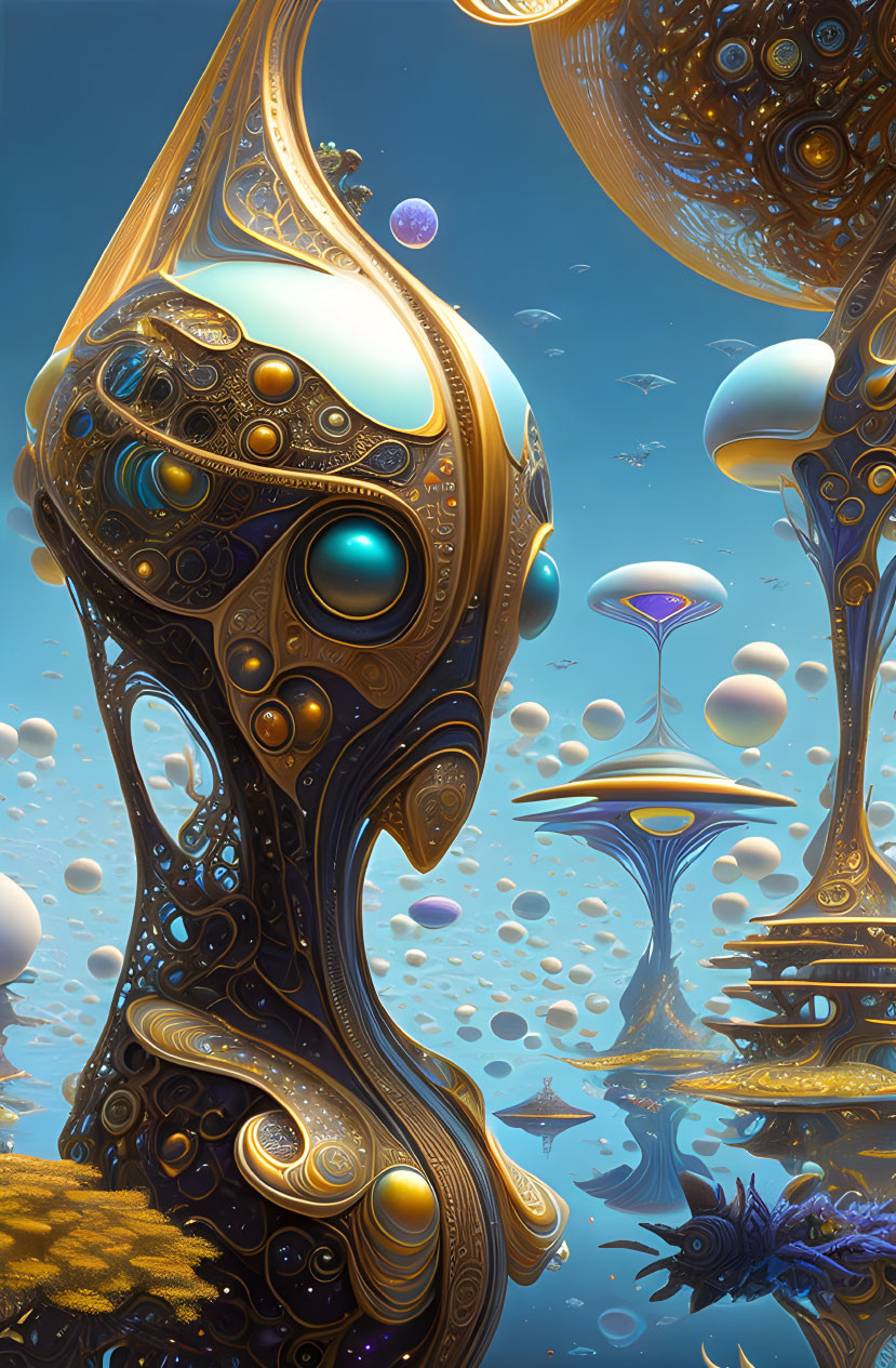 Futuristic landscape with golden organic shapes and blue orbs