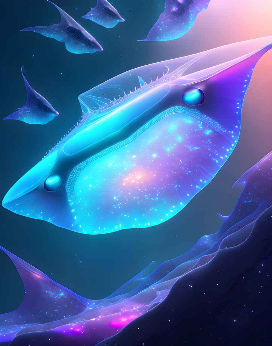 Colorful cosmic whale and manta rays in space with nebula glow
