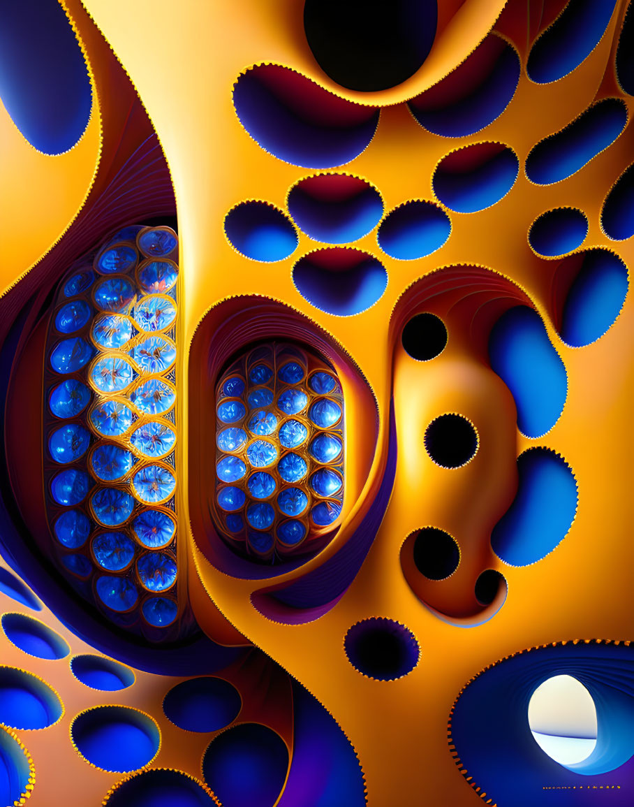 Vibrant Blue, Gold, and Purple Swirling Shapes Abstract Digital Art