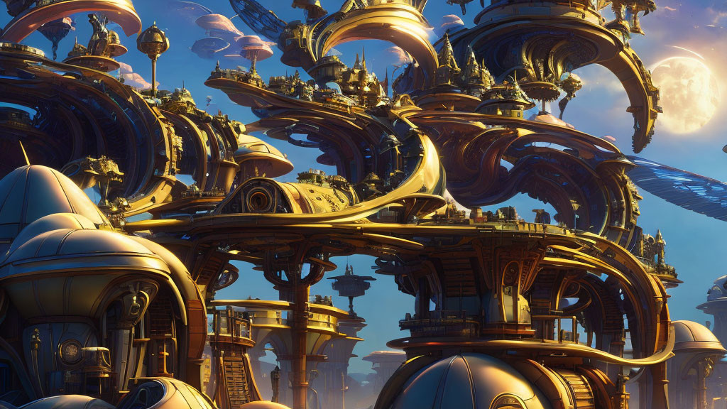 Elaborate Golden Structures in Futuristic Cityscape