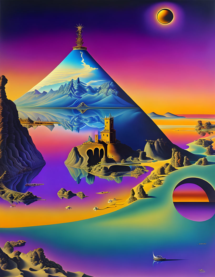 Surreal Landscape with Pyramid Mountain and Eclipse