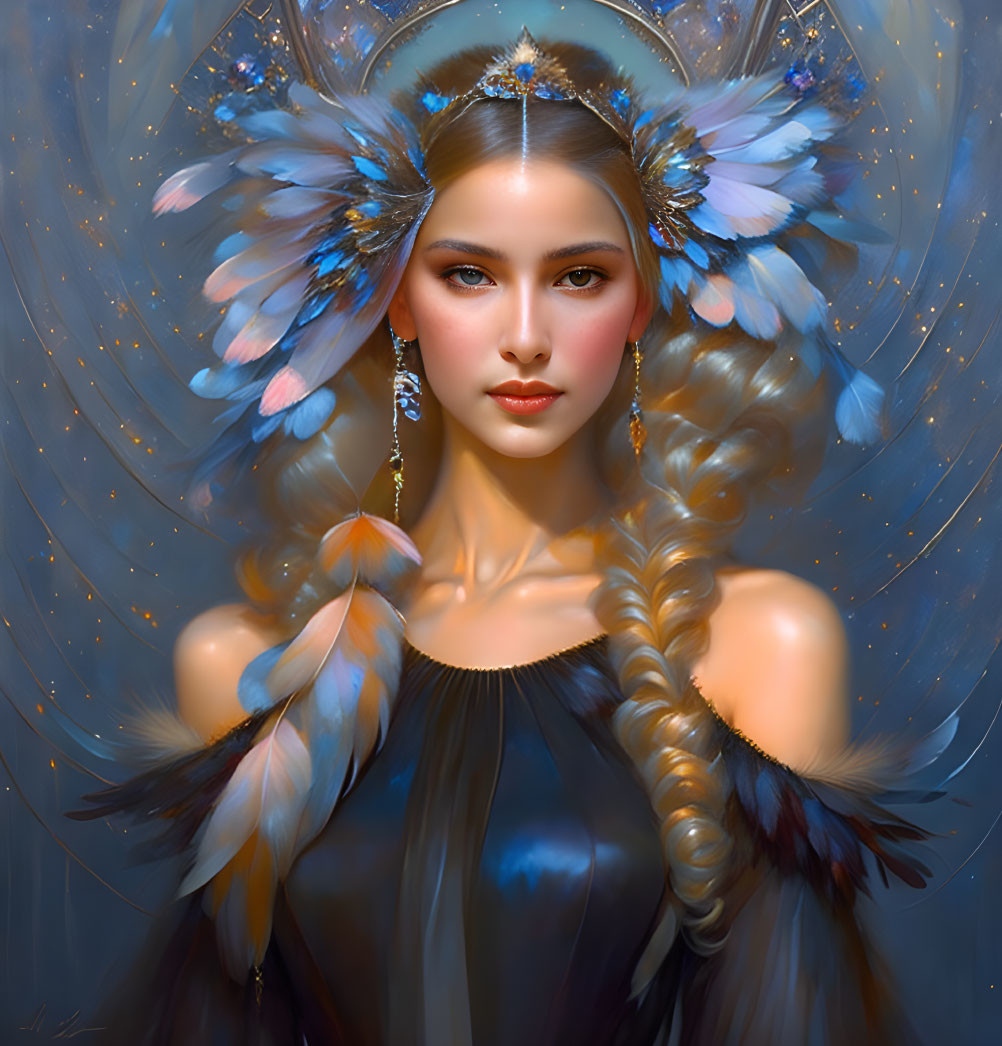 Mystical woman with ornate wings and jeweled braided hair on blue background