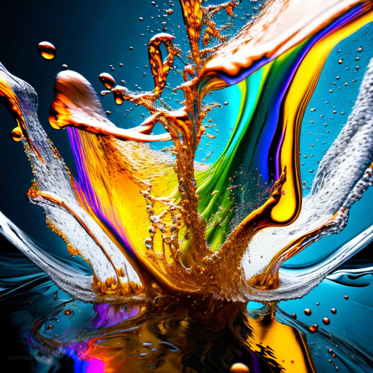 Colorful Liquid Splash on Dark Background with Suspended Droplets