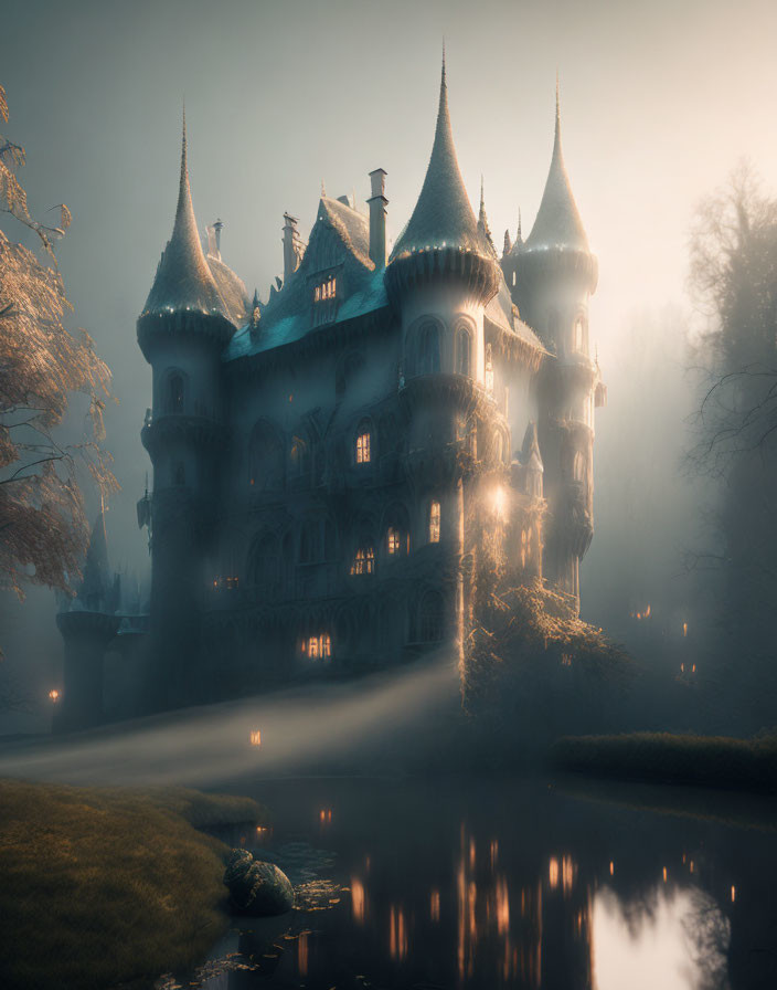 Mysterious Castle with Spires in Twilight Fog