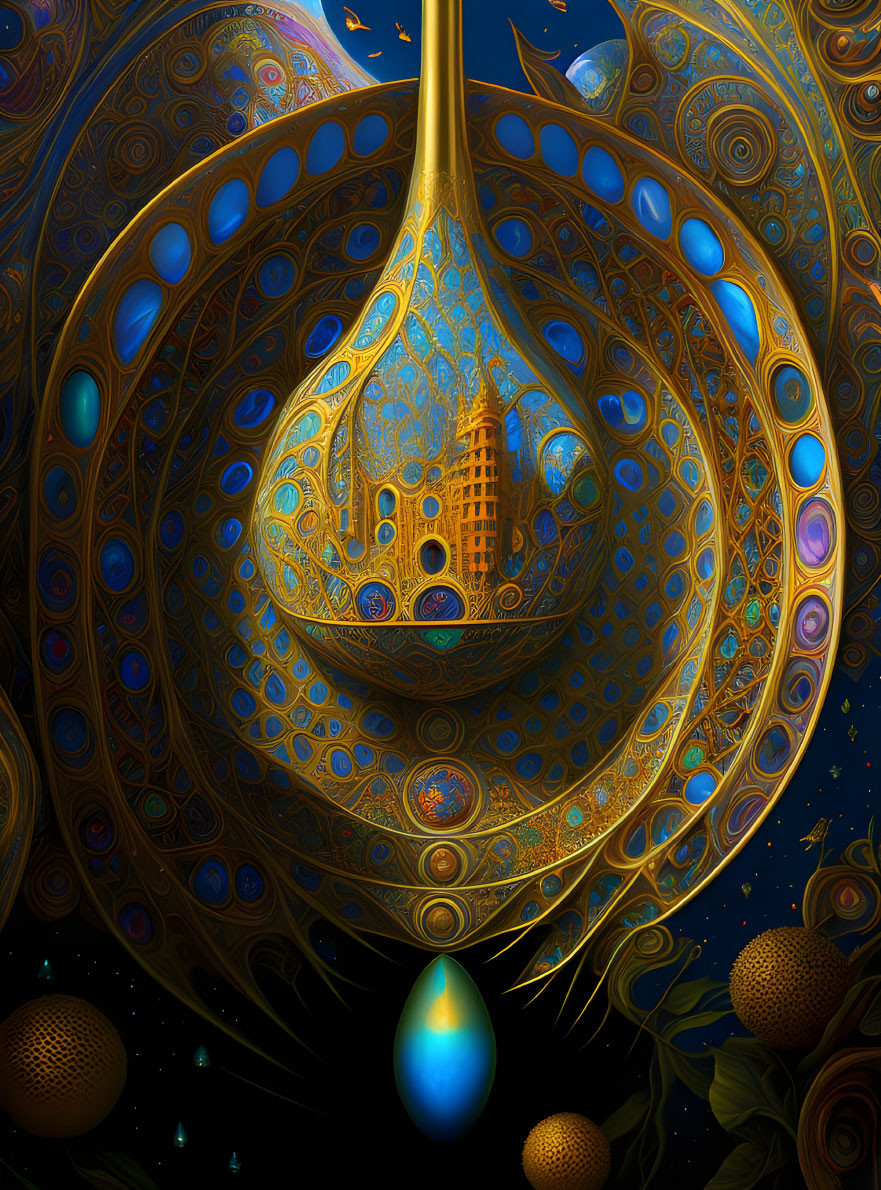 Fantastical digital artwork of vibrant structure and cosmic backdrop