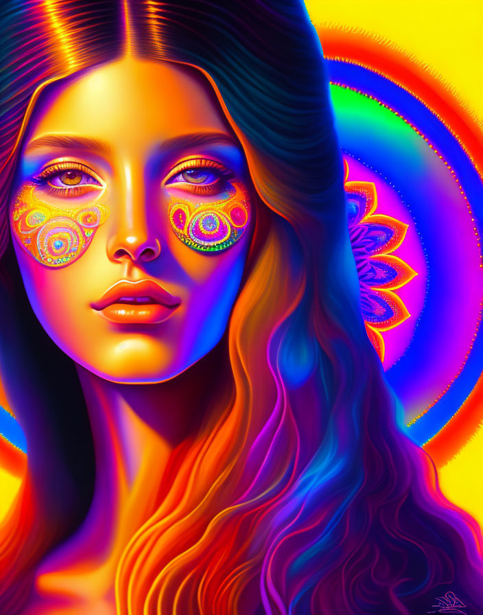 Colorful digital art featuring woman with psychedelic face patterns and swirling aura.