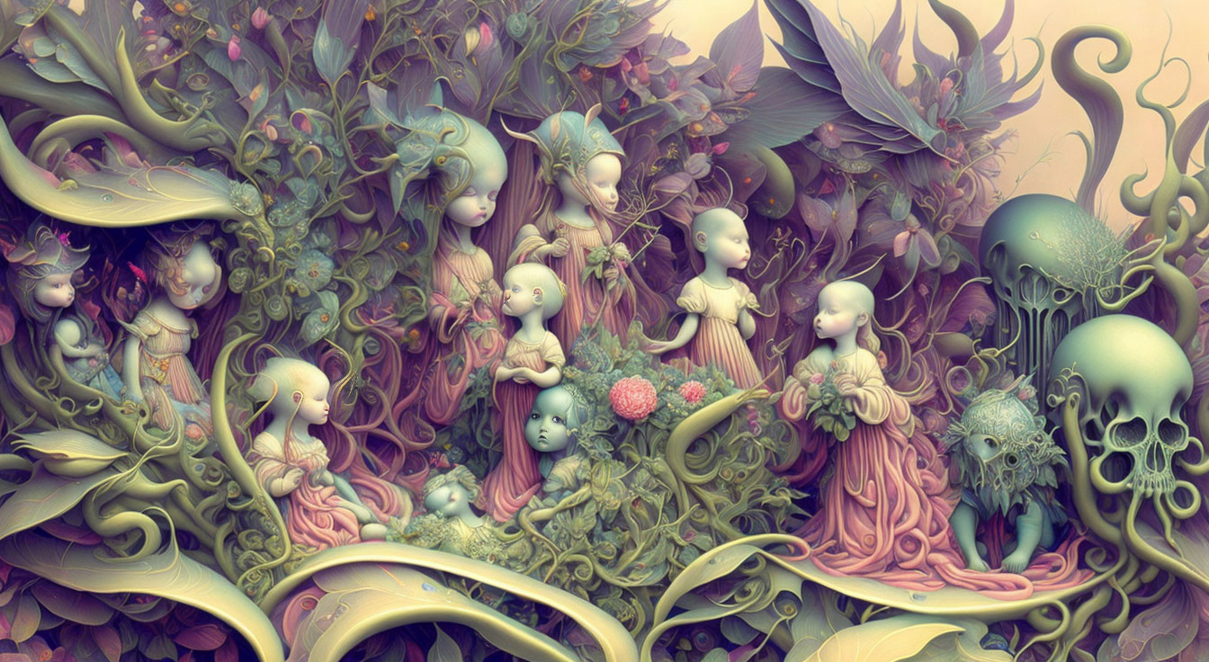 Whimsical pastel illustration of elf-like figures in surreal landscape